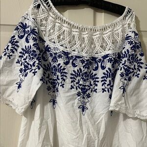 White Blouse with Blue Floral Embroidery XL